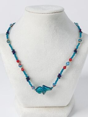 Sterling Silver Millefiori Murano Art Glass Beaded Necklace